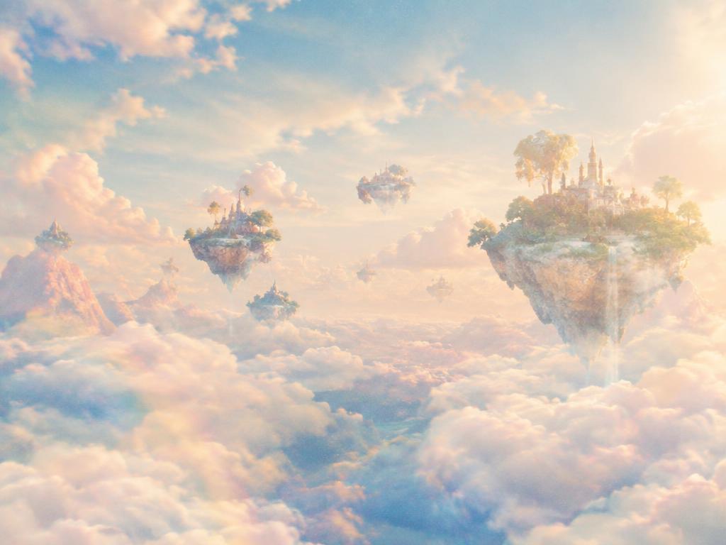 Floating islands drifting through pastel clouds, soft grain